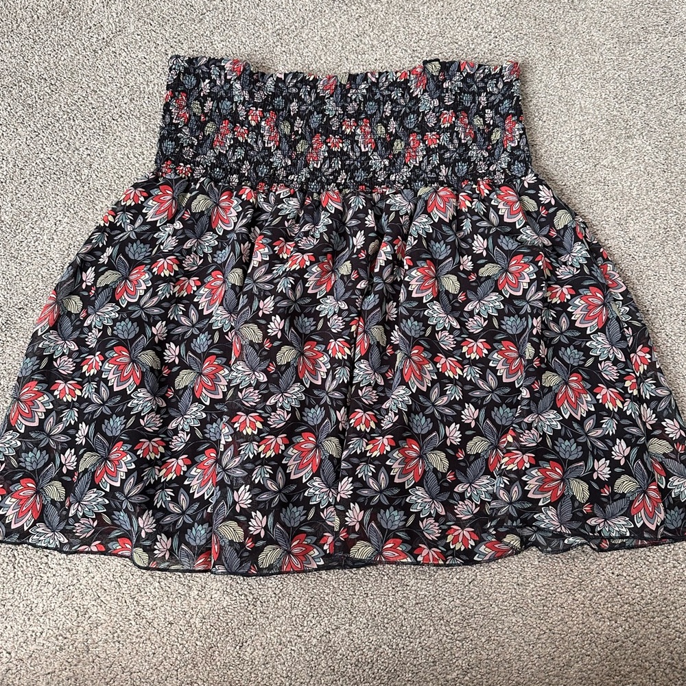CAbi Navy Floral Smocked Waist Circle Skirt with Red Accents